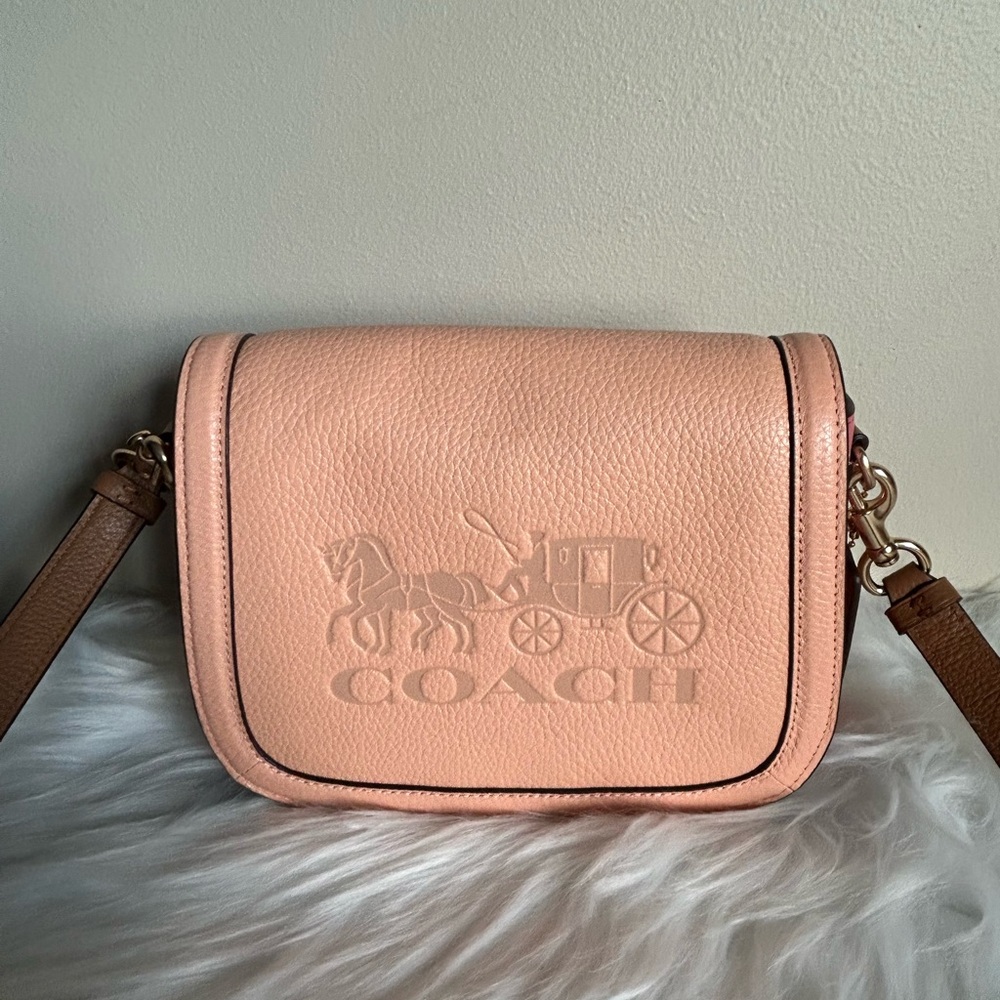 Coach Saddle Bag Pink Tan Pebbled Leather‎ Crossbody Bag Excellent